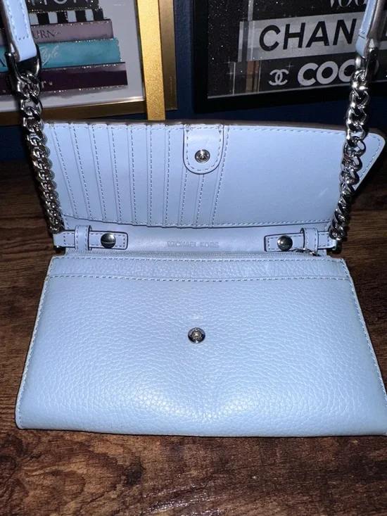 Michael Kors Light Blue Pebbled Leather Chain Crossbody - Picture 8 of 9